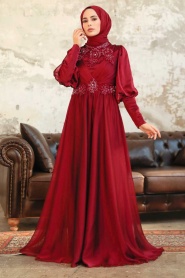 Tesettürlü Abiye Elbise - Robe de soirée en satin rouge bordeaux 25822BR - Thumbnail