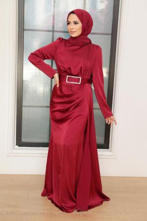 Tesettürlü Abiye Elbise - Robe de soirée en satin rouge bordeaux 3606BR - 1