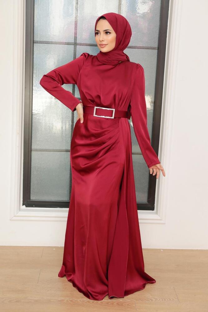 Tesettürlü Abiye Elbise - Robe de soirée en satin rouge bordeaux 3606BR - 1