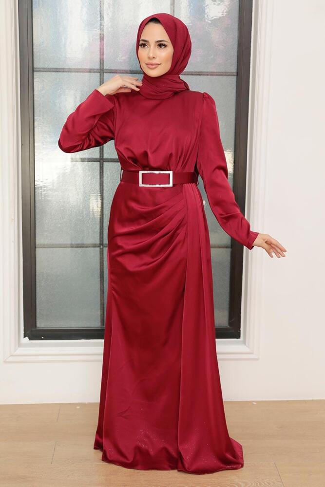 Tesettürlü Abiye Elbise - Robe de soirée en satin rouge bordeaux 3606BR - 2
