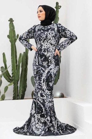 Tesettürlü Abiye Elbise - Robe de Soirée Hijab Argent 951GMS - 1