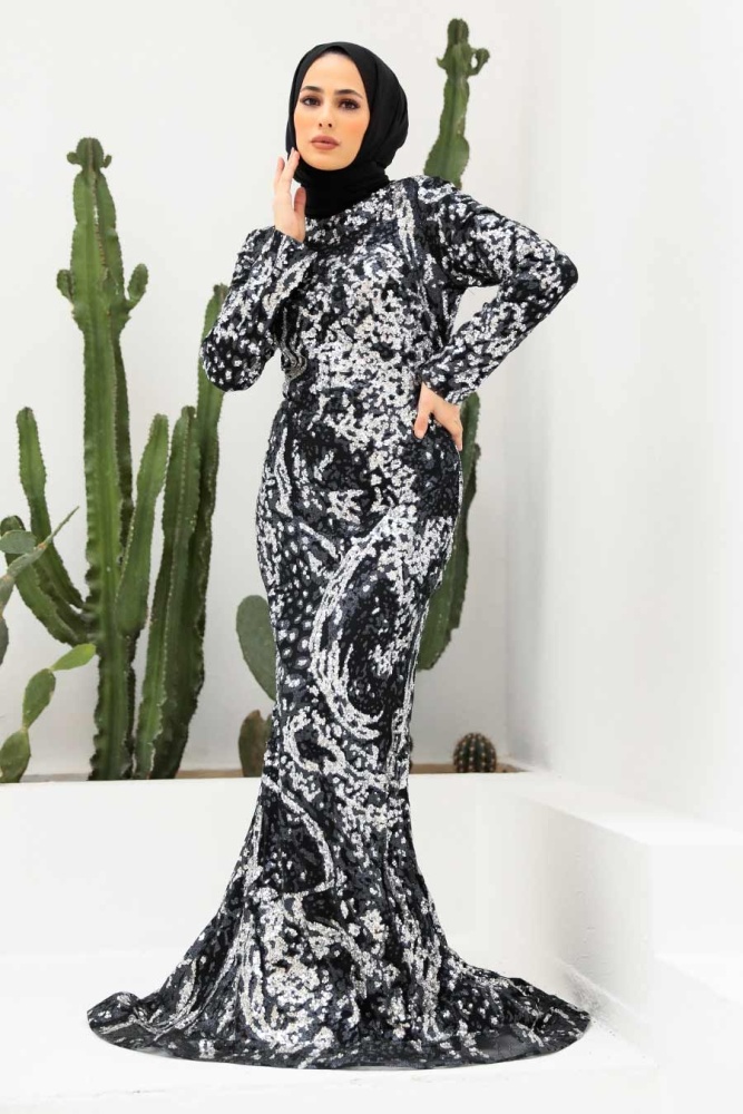 Tesettürlü Abiye Elbise - Robe de Soirée Hijab Argent 951GMS - 2