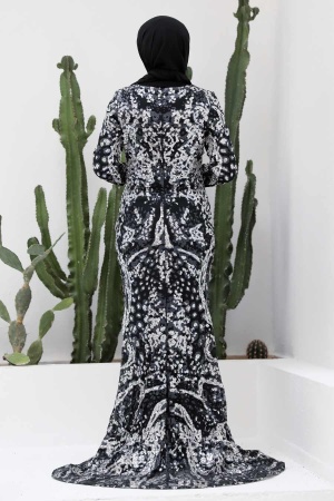 Tesettürlü Abiye Elbise - Robe de Soirée Hijab Argent 951GMS - 3