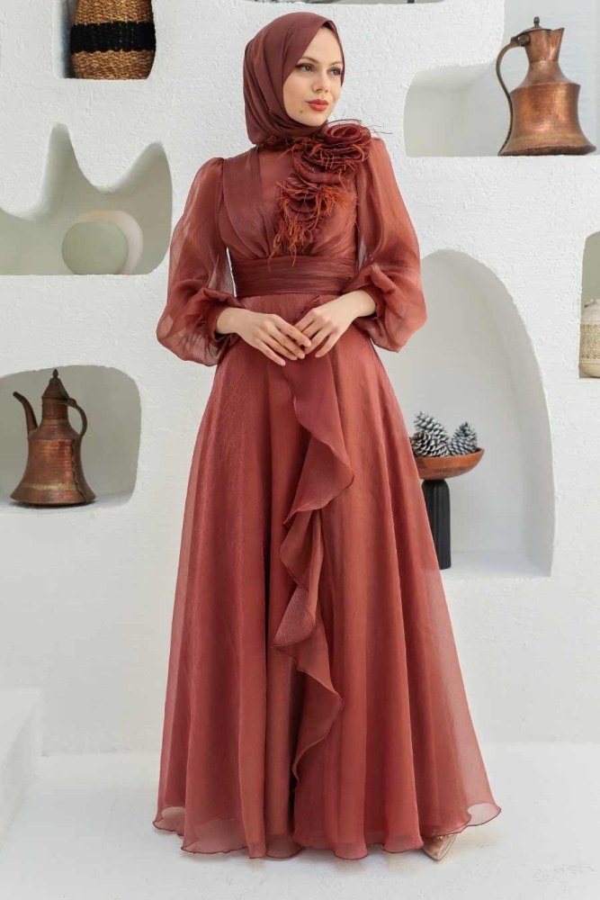 Tesettürlü Abiye Elbise - Robe de Soirée Hijab Argentée 22321BKR - 1