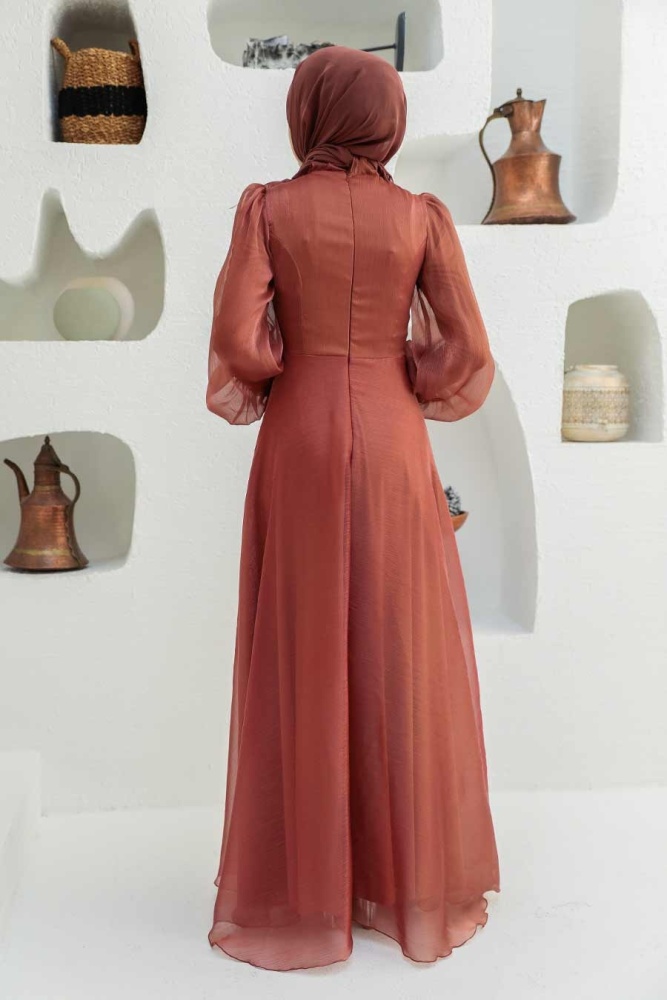 Tesettürlü Abiye Elbise - Robe de Soirée Hijab Argentée 22321BKR - 3