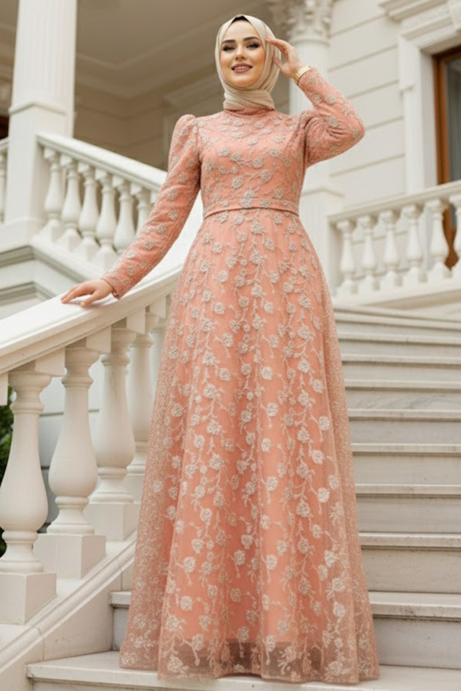 Tesettürlü Abiye Elbise - Robe de Soirée Hijab Argentée 2238BKR - 1