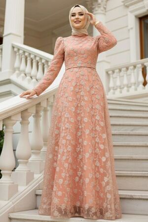 Robe de soirée longue et couvrante avec dentelle – Cuivré 2238BKR - 1