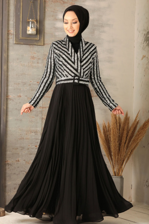 Tesettürlü Abiye Elbise - Robe de soirée Hijab argentée 3314GMS - 1