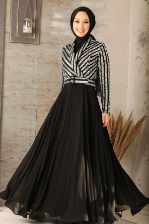 Tesettürlü Abiye Elbise - Robe de soirée Hijab argentée 3314GMS - 2