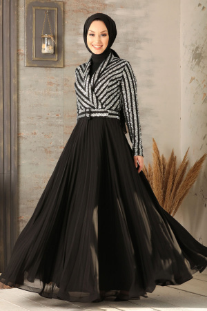 Tesettürlü Abiye Elbise - Robe de soirée Hijab argentée 3314GMS - 3