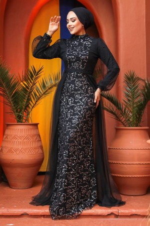 Tesettürlü Abiye Elbise - Robe de soirée hijab argentée 5632GMS - 2