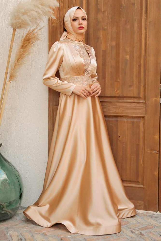 Tesettürlü Abiye Elbise - Robe de Soirée Hijab Beige 22221BEJ - 1