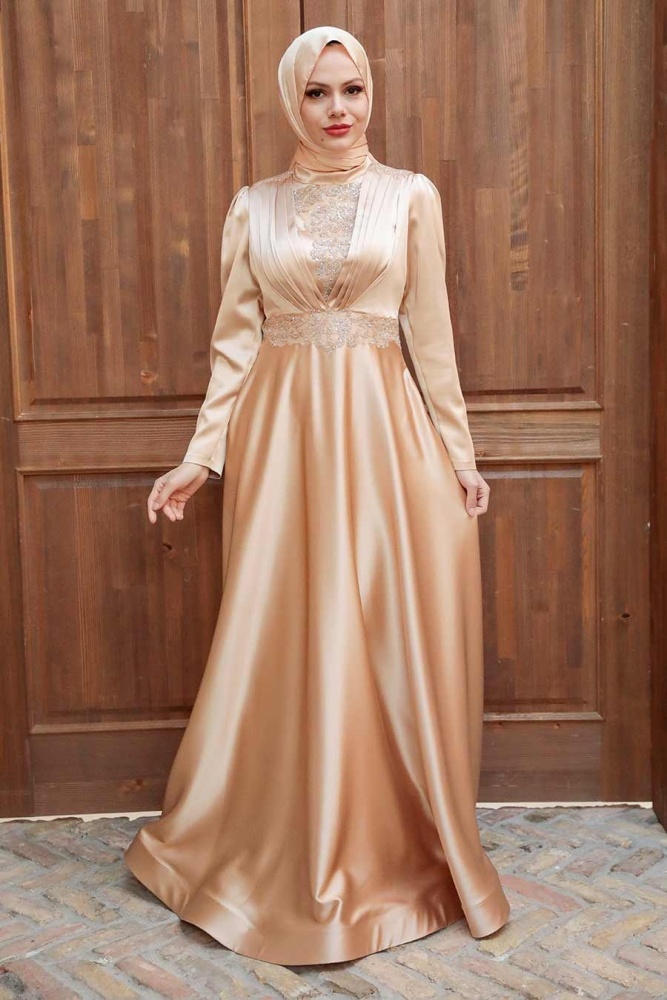 Tesettürlü Abiye Elbise - Robe de Soirée Hijab Beige 22221BEJ - 2