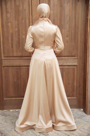 Tesettürlü Abiye Elbise - Robe de Soirée Hijab Beige 22221BEJ - 3