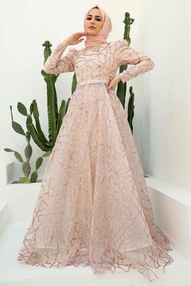 Tesettürlü Abiye Elbise - Robe de Soirée Hijab Beige 22282BEJ - 1