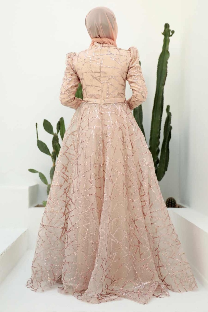 Tesettürlü Abiye Elbise - Robe de Soirée Hijab Beige 22282BEJ - 2