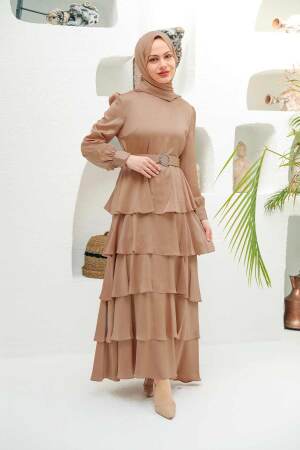 Tesettürlü Abiye Elbise - Robe de Soirée Hijab Beige 3037BEJ - 1