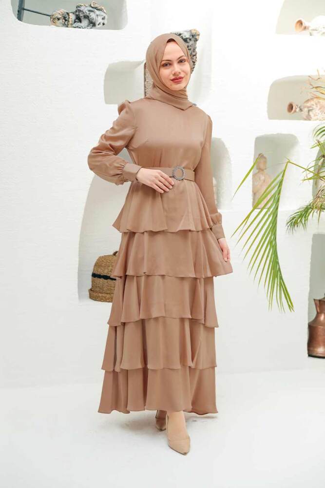 Tesettürlü Abiye Elbise - Robe de Soirée Hijab Beige 3037BEJ - 1