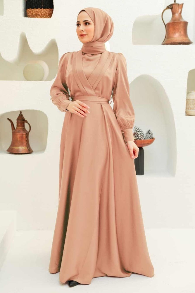Tesettürlü Abiye Elbise - Robe de Soirée Hijab Beige 3367BEJ - 1