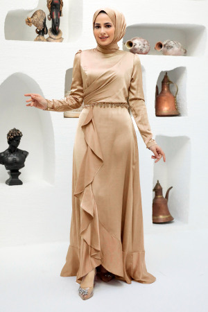 Tesettürlü Abiye Elbise - Robe de Soirée Hijab Beige 3381BEJ - 1