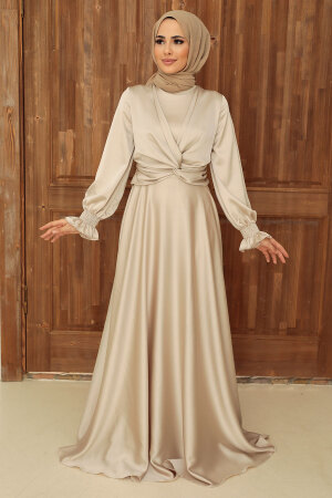 Tesettürlü Abiye Elbise - Robe de Soirée Hijab Beige 3389BEJ - 1