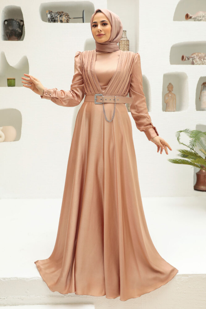 Tesettürlü Abiye Elbise - Robe de Soirée Hijab Beige 3454BEJ - 1