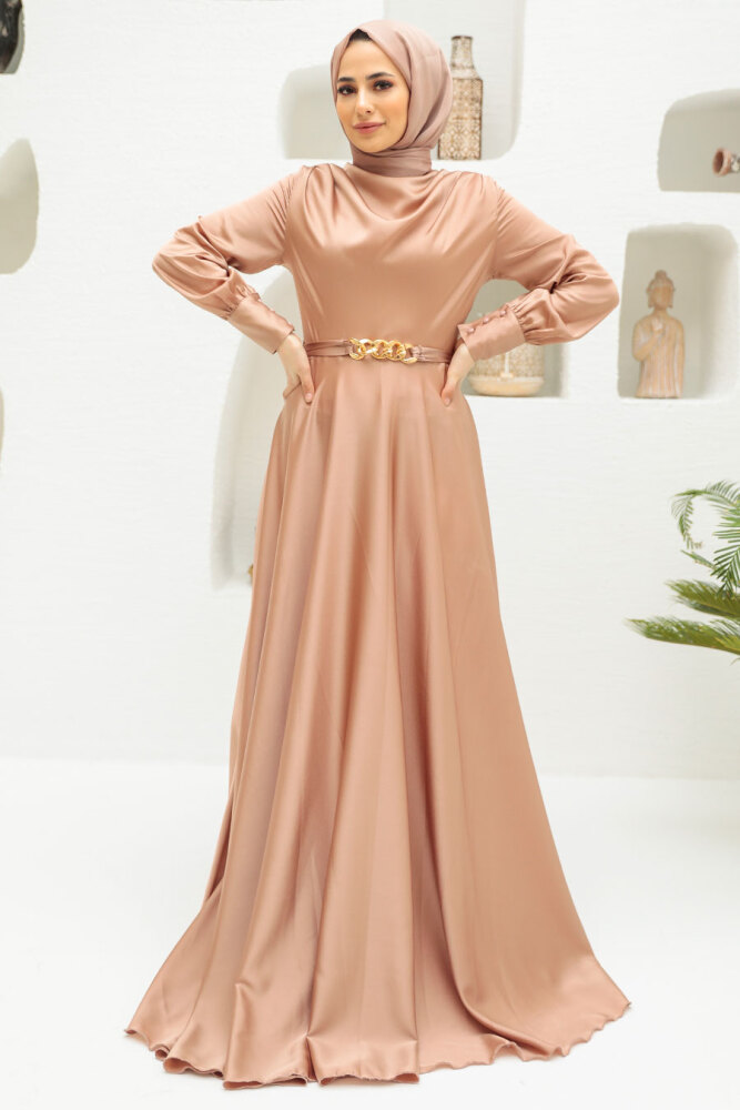 Tesettürlü Abiye Elbise - Robe de Soirée Hijab Beige 3460BEJ - 1