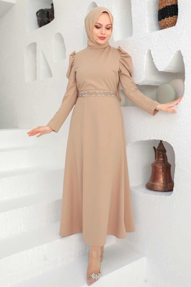 Tesettürlü Abiye Elbise - Robe de Soirée Hijab Beige 45601BEJ - 1