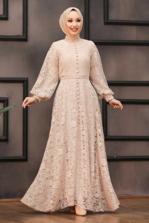 Tesettürlü Abiye Elbise -Robe de Soirée Hijab Beige 5477BEJ - 1
