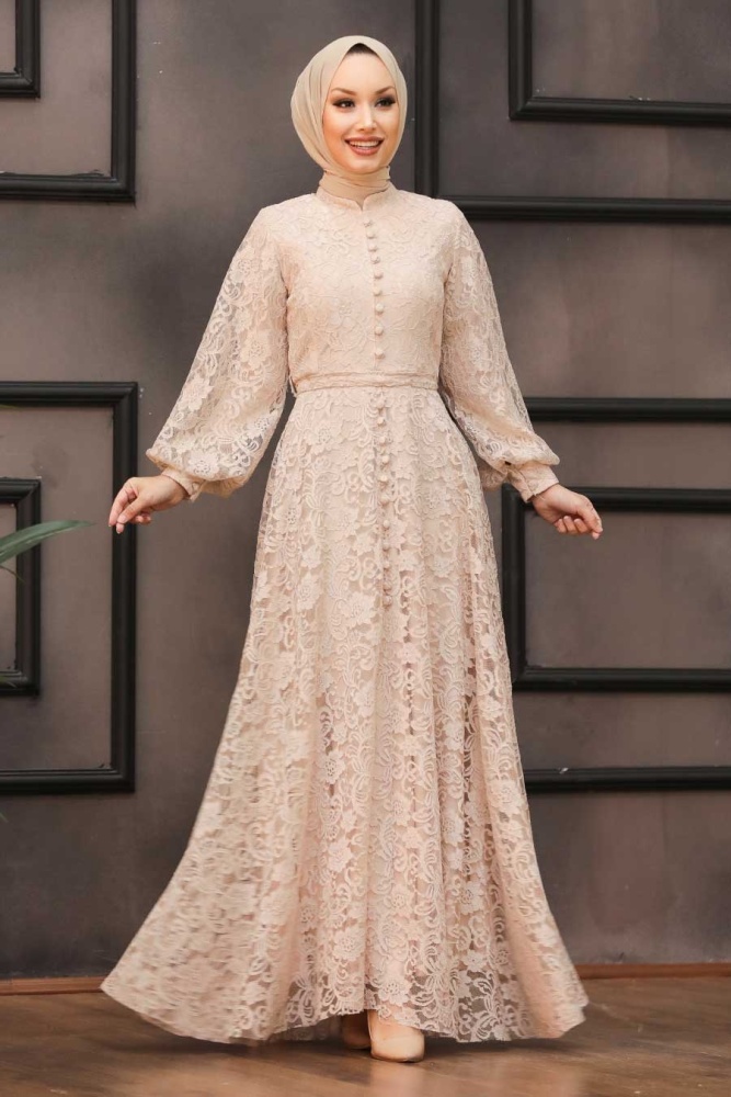 Tesettürlü Abiye Elbise -Robe de Soirée Hijab Beige 5477BEJ - 1