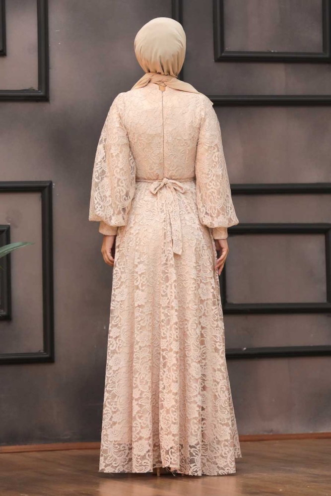 Tesettürlü Abiye Elbise -Robe de Soirée Hijab Beige 5477BEJ - 2