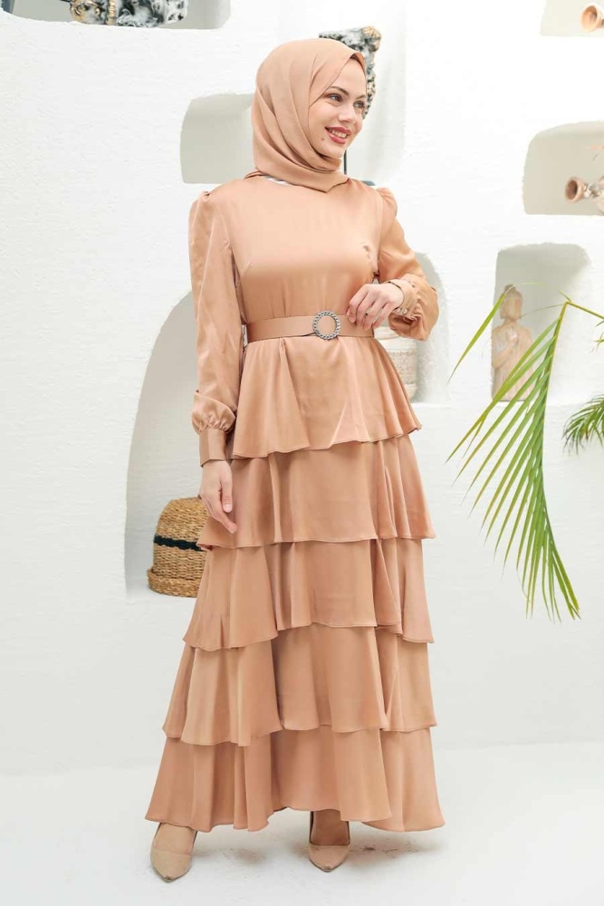 Tesettürlü Abiye Elbise - Robe de Soirée Hijab Biscuit 3037BS - 1