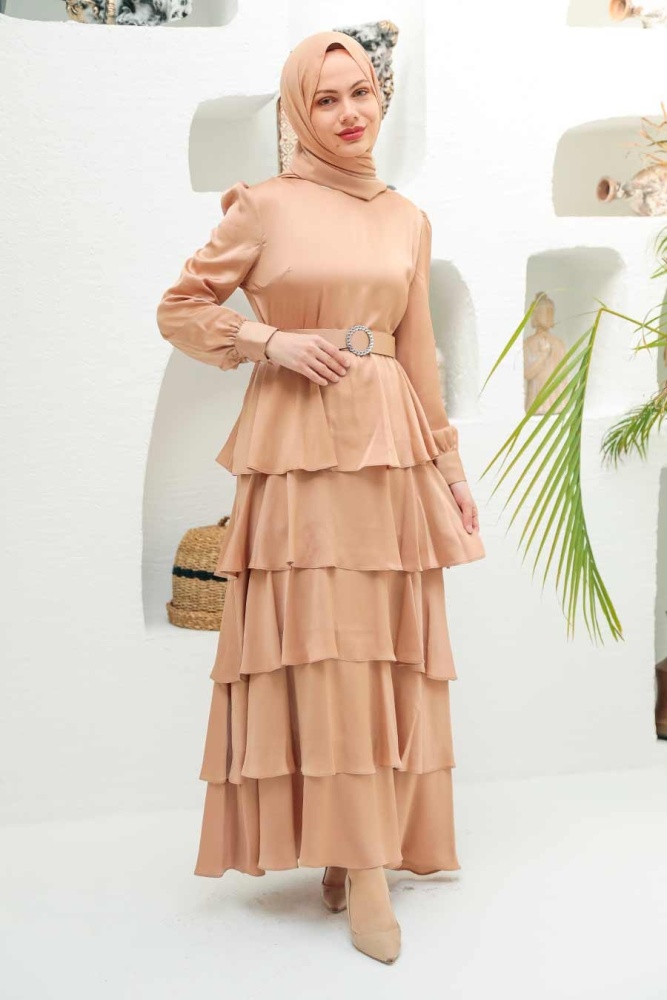 Tesettürlü Abiye Elbise - Robe de Soirée Hijab Biscuit 3037BS - 2