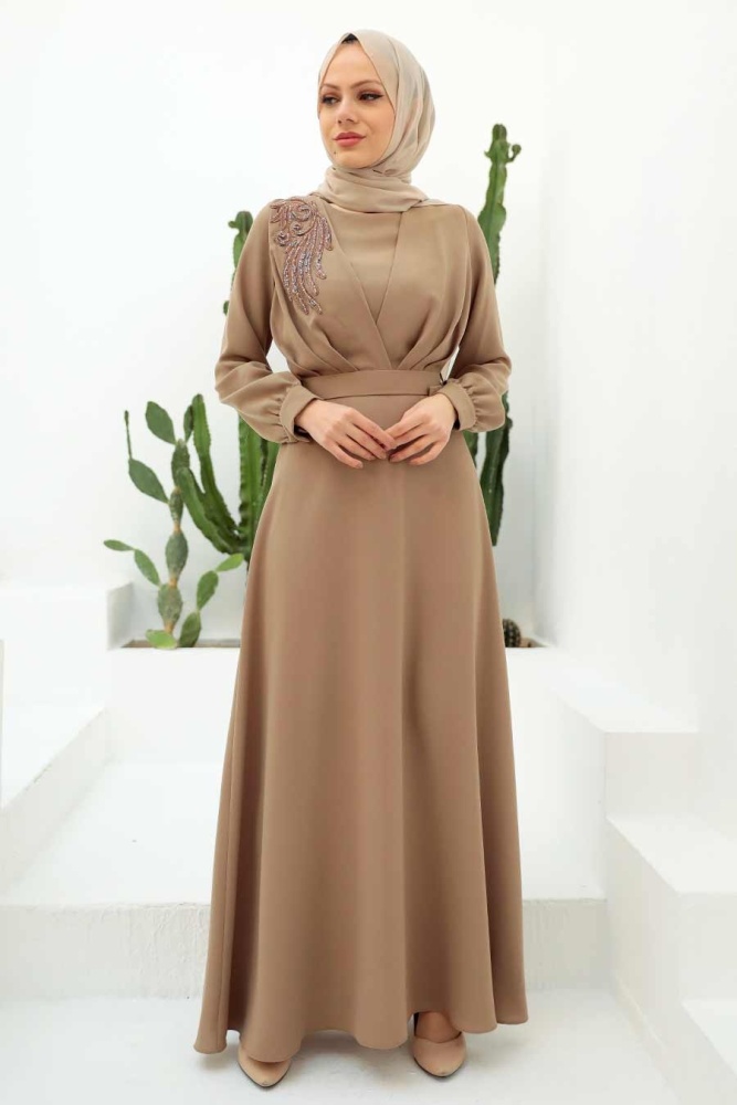 Tesettürlü Abiye Elbise - Robe de soirée Hijab Biscuit 3305BS - 1