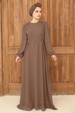 Tesettürlü Abiye Elbise - Robe de Soirée Hijab Biscuit 33490BS - 1