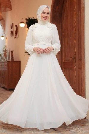 Tesettürlü Abiye Elbise - Robe de soirée Hijab Blanche 22232B - 1