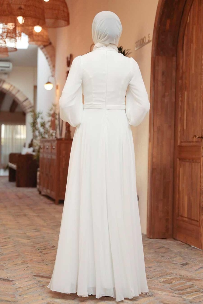 Tesettürlü Abiye Elbise - Robe de soirée Hijab Blanche 22232B - 2