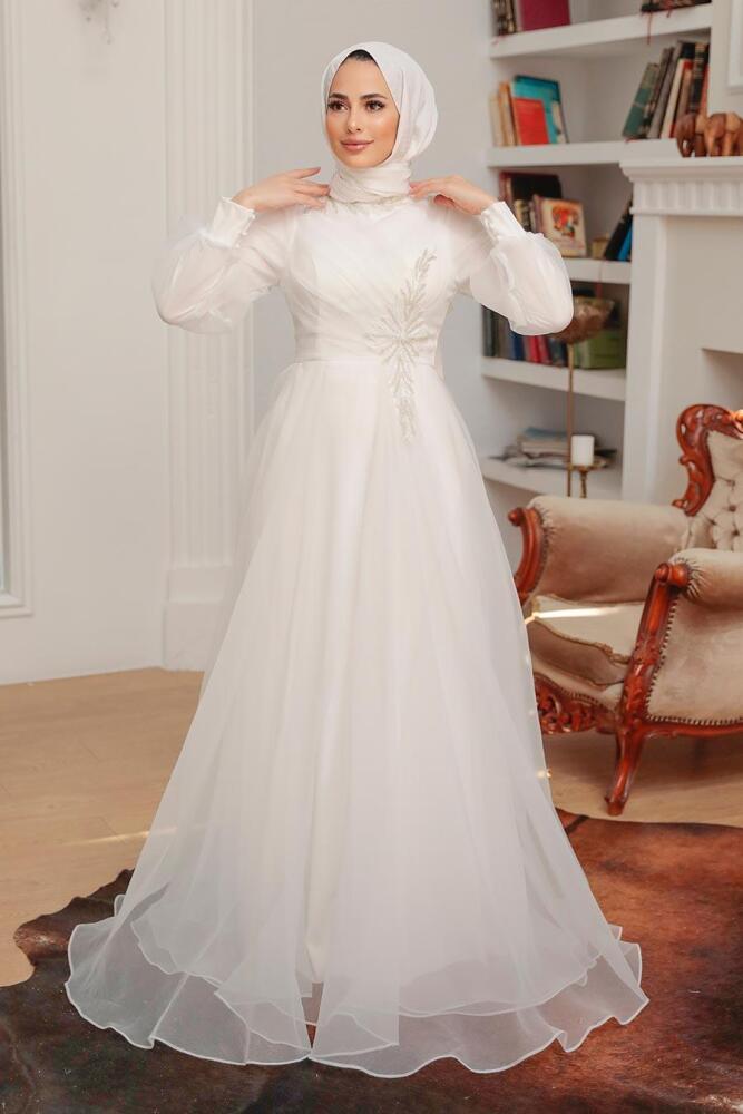 Tesettürlü Abiye Elbise - Robe de Soirée Hijab Blanche 22551B - 2