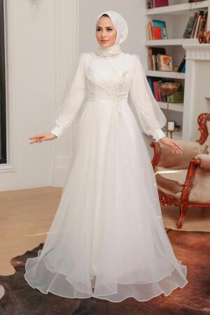 Tesettürlü Abiye Elbise - Robe de Soirée Hijab Blanche 22551B - 1