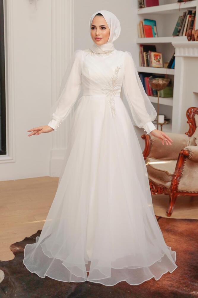 Tesettürlü Abiye Elbise - Robe de Soirée Hijab Blanche 22551B - 1