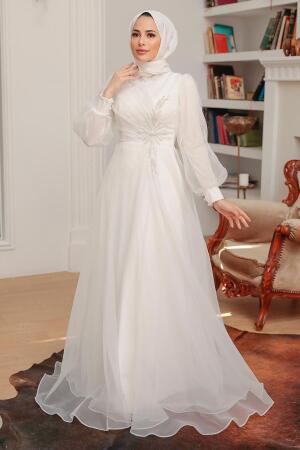 Tesettürlü Abiye Elbise - Robe de Soirée Hijab Blanche 22551B - 3