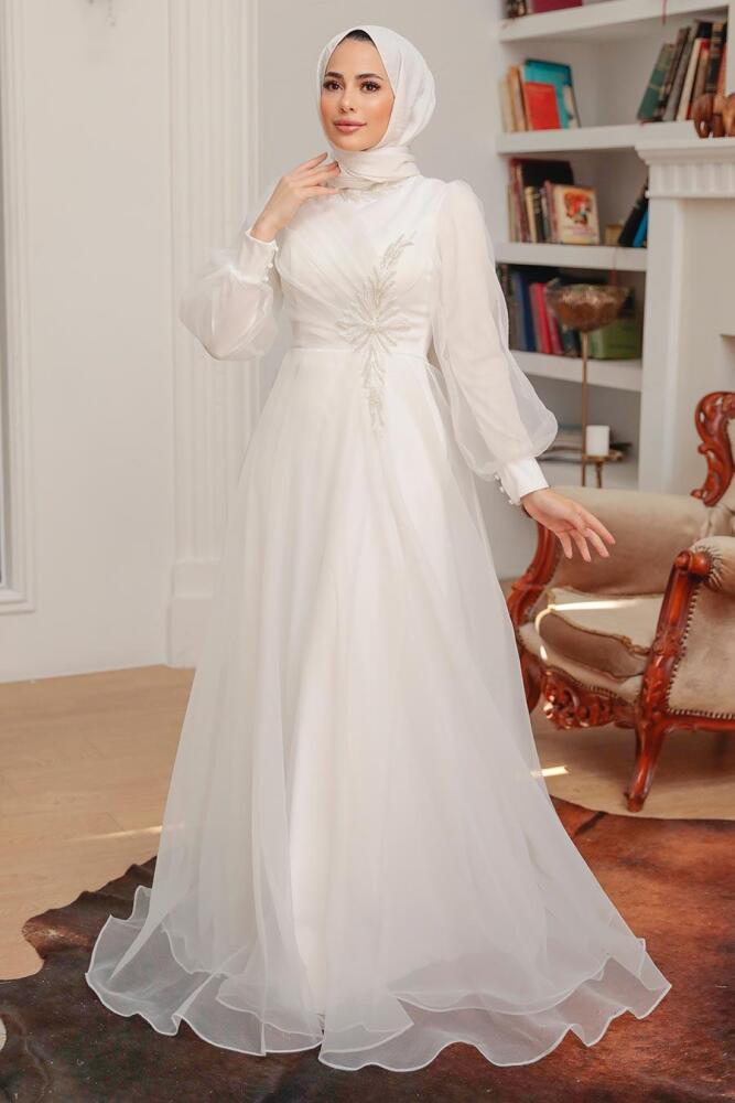 Tesettürlü Abiye Elbise - Robe de Soirée Hijab Blanche 22551B - 3