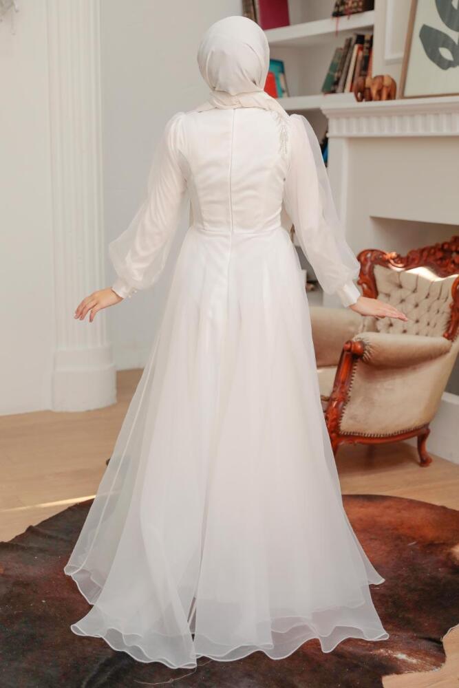 Tesettürlü Abiye Elbise - Robe de Soirée Hijab Blanche 22551B - 4