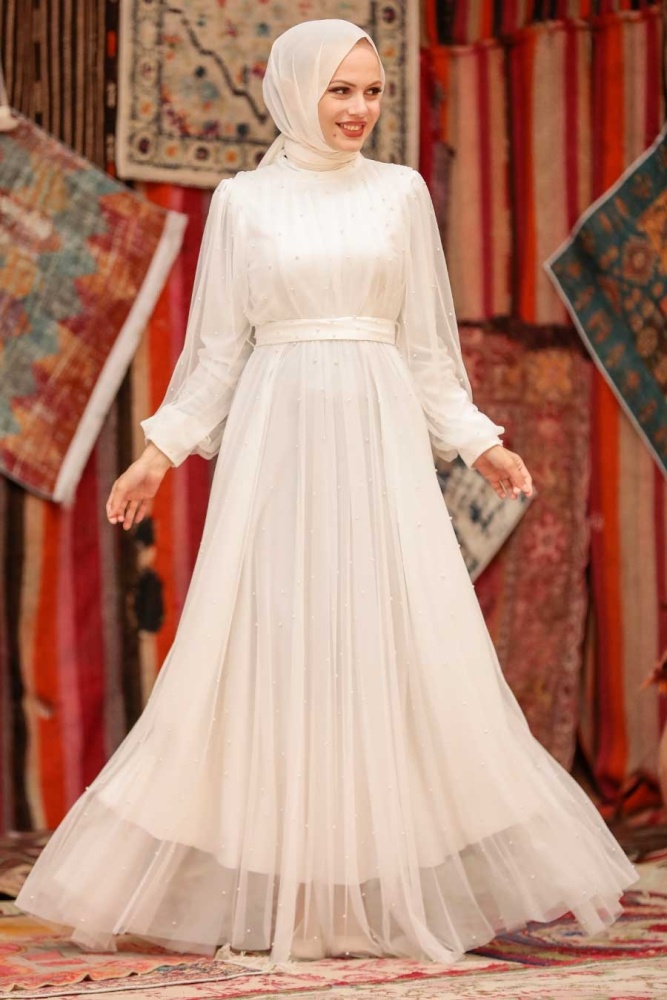 Tesettürlü Abiye Elbise - Robe de soirée Hijab blanche 50080B - 1