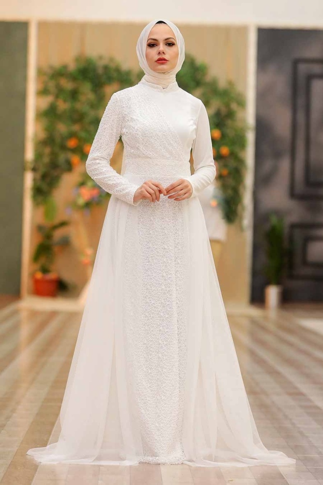 Tesettürlü Abiye Elbise -Robe de Soirée Hijab Blanche 5345B - 1