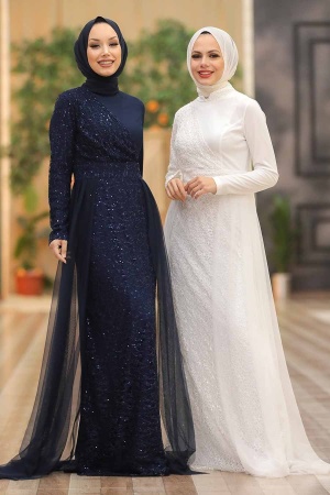 Tesettürlü Abiye Elbise -Robe de Soirée Hijab Blanche 5345B - 2