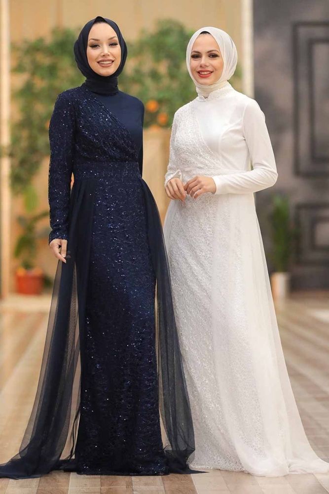 Tesettürlü Abiye Elbise -Robe de Soirée Hijab Blanche 5345B - 2