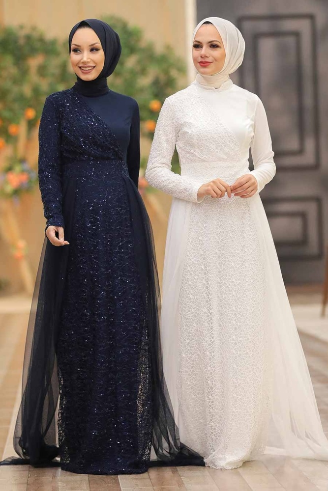 Tesettürlü Abiye Elbise -Robe de Soirée Hijab Blanche 5345B - 3