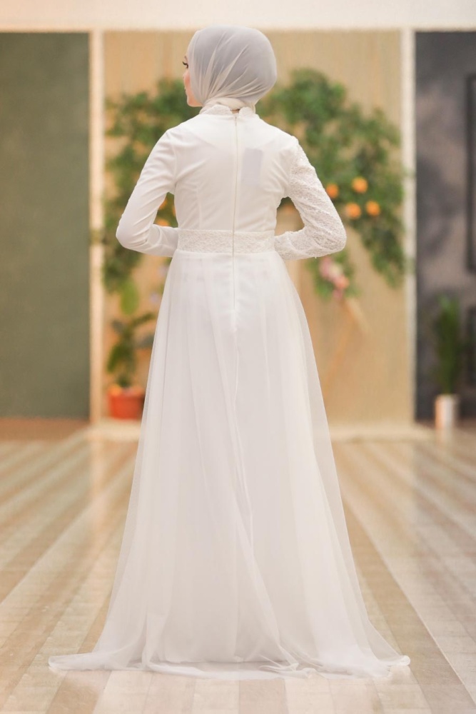 Tesettürlü Abiye Elbise -Robe de Soirée Hijab Blanche 5345B - 4