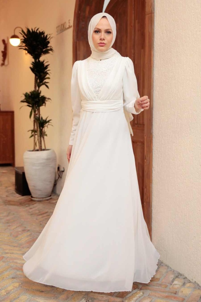 Tesettürlü Abiye Elbise - Robe de soirée Hijab blanche 56280B - 1